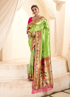 Parrot green soft tissue paithani silk saree with zari weaving work