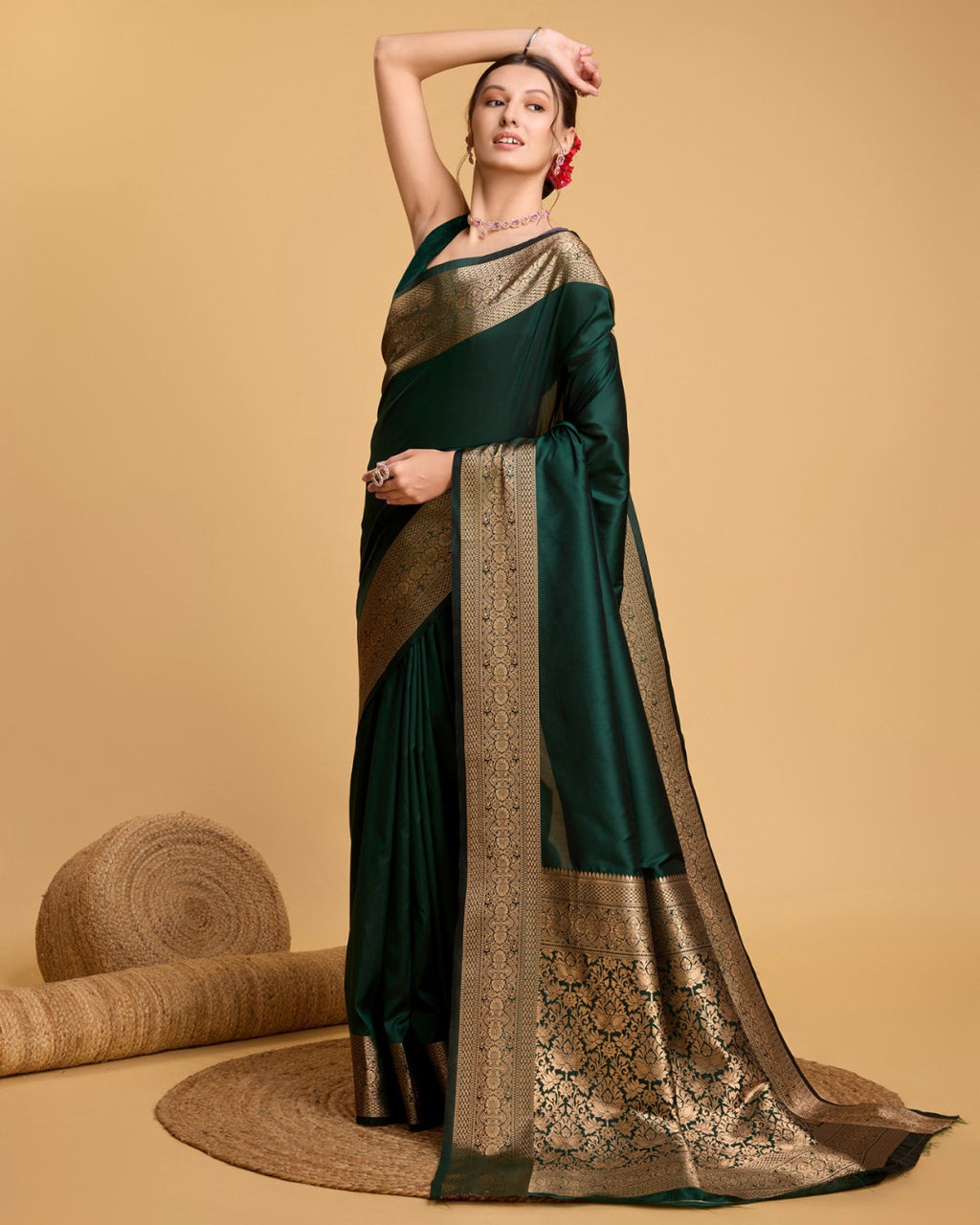 Dark green color soft kanchipuram silk saree with zari weaving work