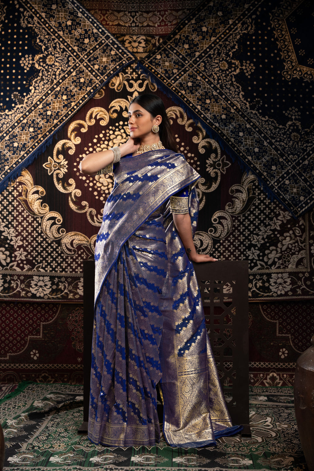 Royal blue banarasi silk saree with zari woven work