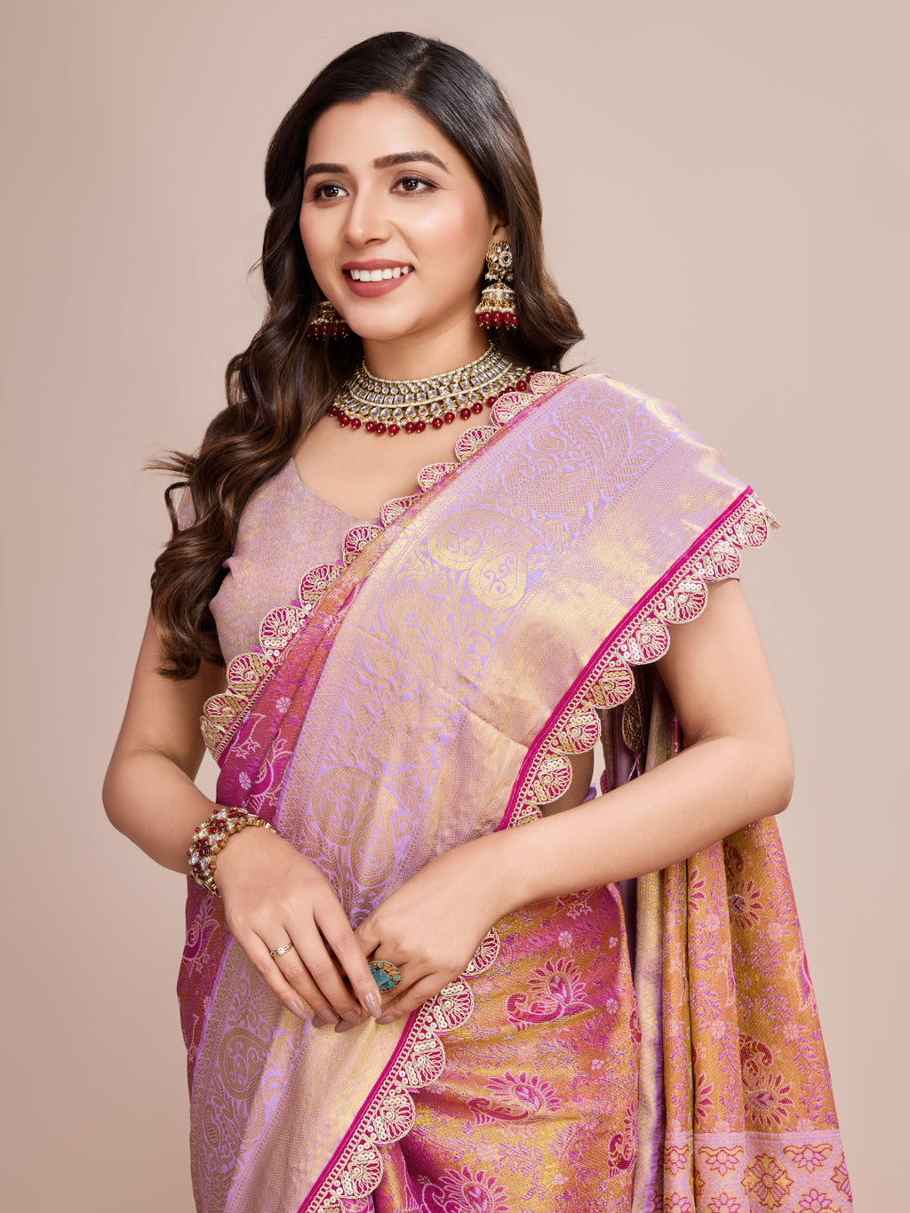 Pink kanjivaram silk saree with zari weaving work