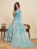 Sea green linen cotton saree with digital printed work and silver zari border