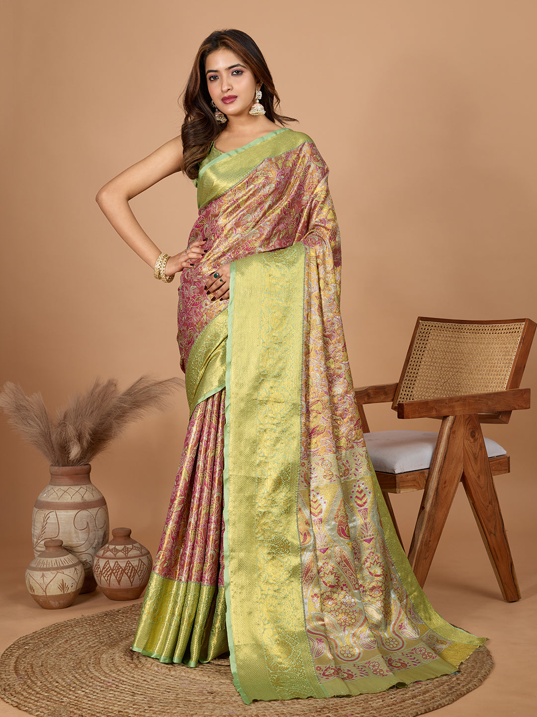 Pista green kanjivaram silk saree with zari weaving work