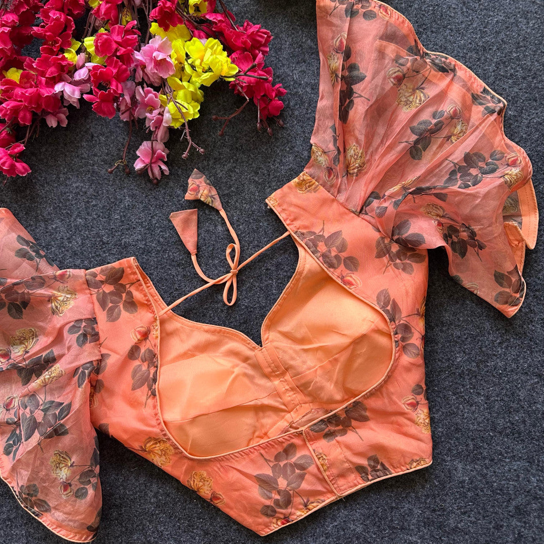 Peach pure organza readymade blouse with printed work