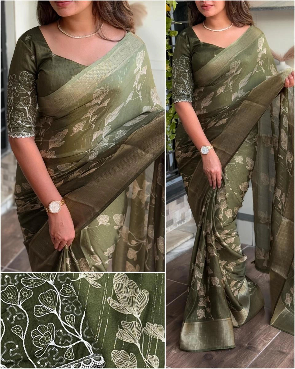 Pure Moss Saree with Zari Jacquard