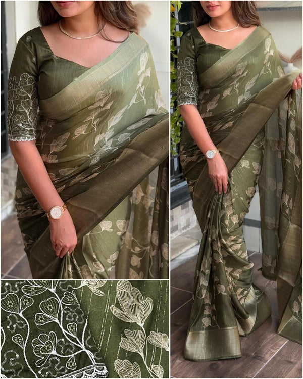 Pure Moss Saree with Zari Jacquard