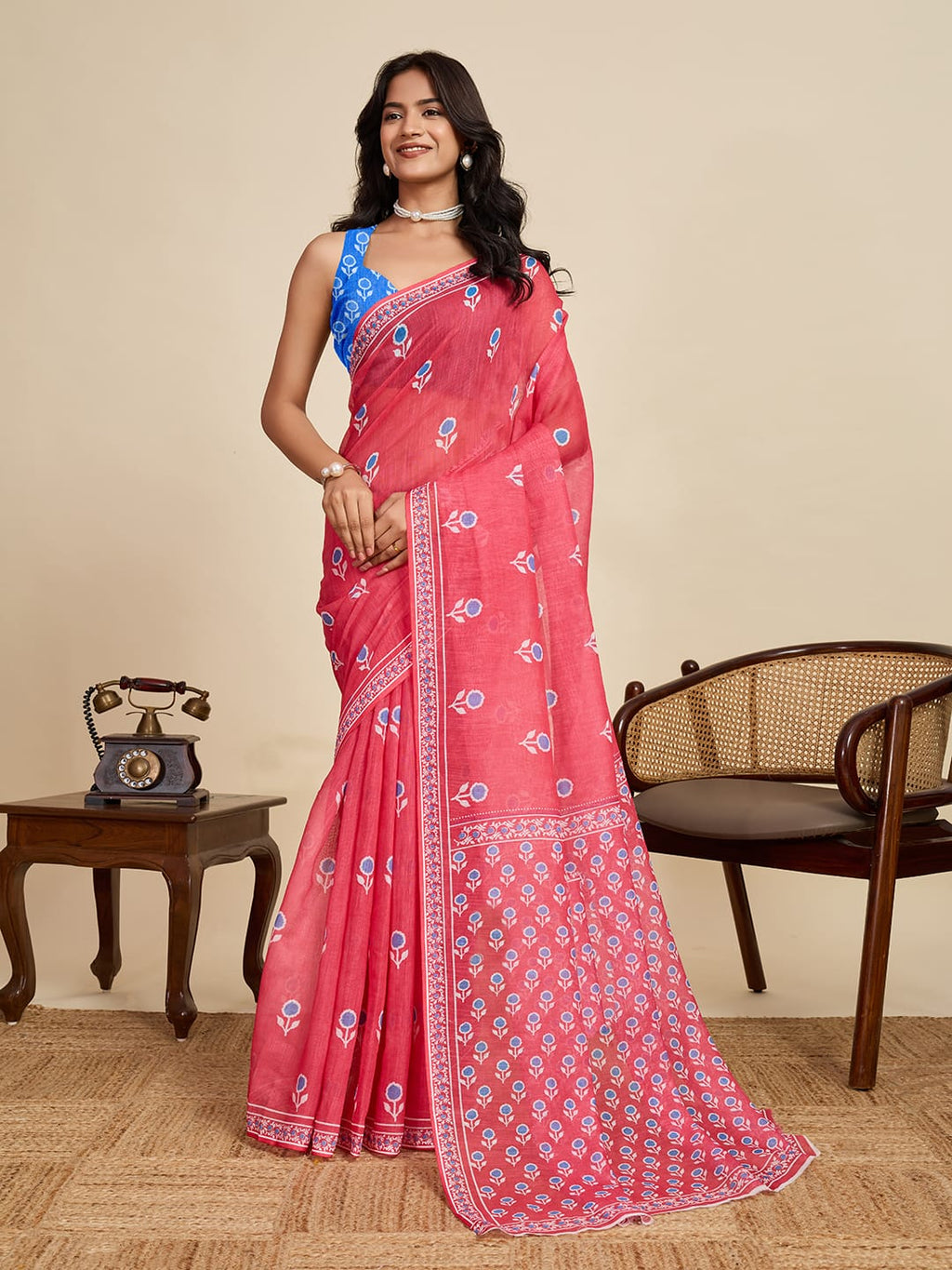 Multi linen cotton saree with digital printed work and silver zari border