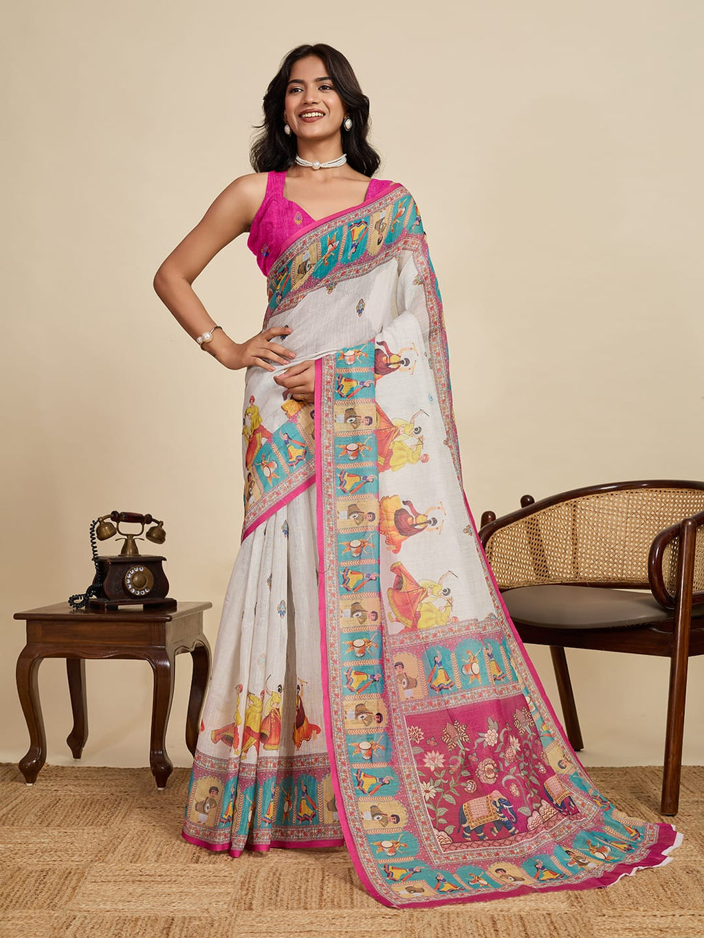 Off white linen cotton saree with digital printed work and silver zari border