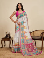 Off white linen cotton saree with digital printed work and silver zari border
