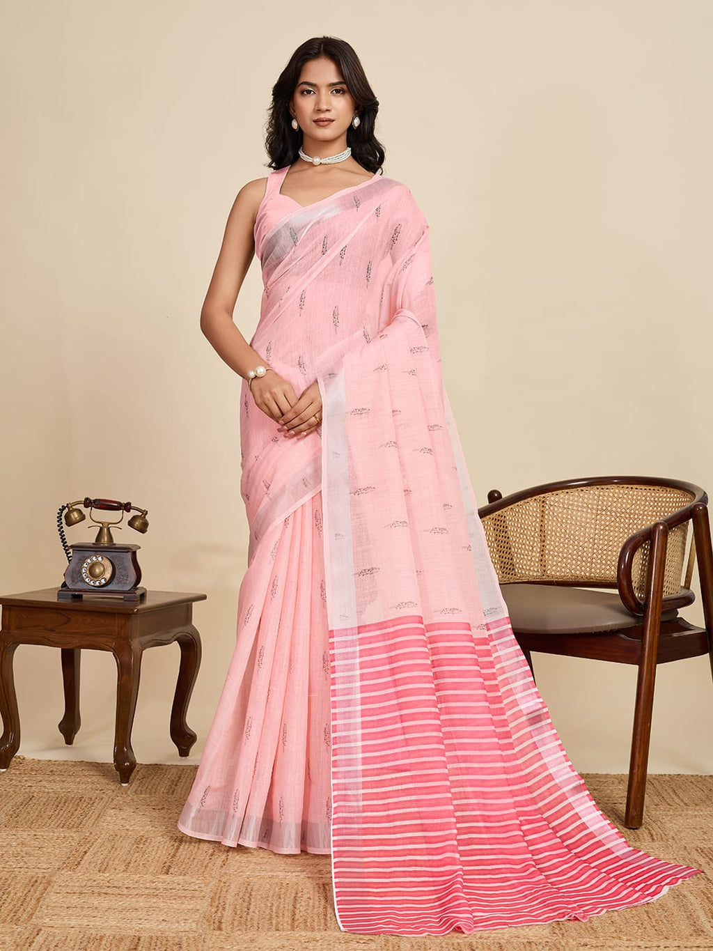 Baby pink linen cotton saree with digital printed work and silver zari border