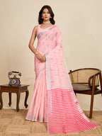 Baby pink linen cotton saree with digital printed work and silver zari border