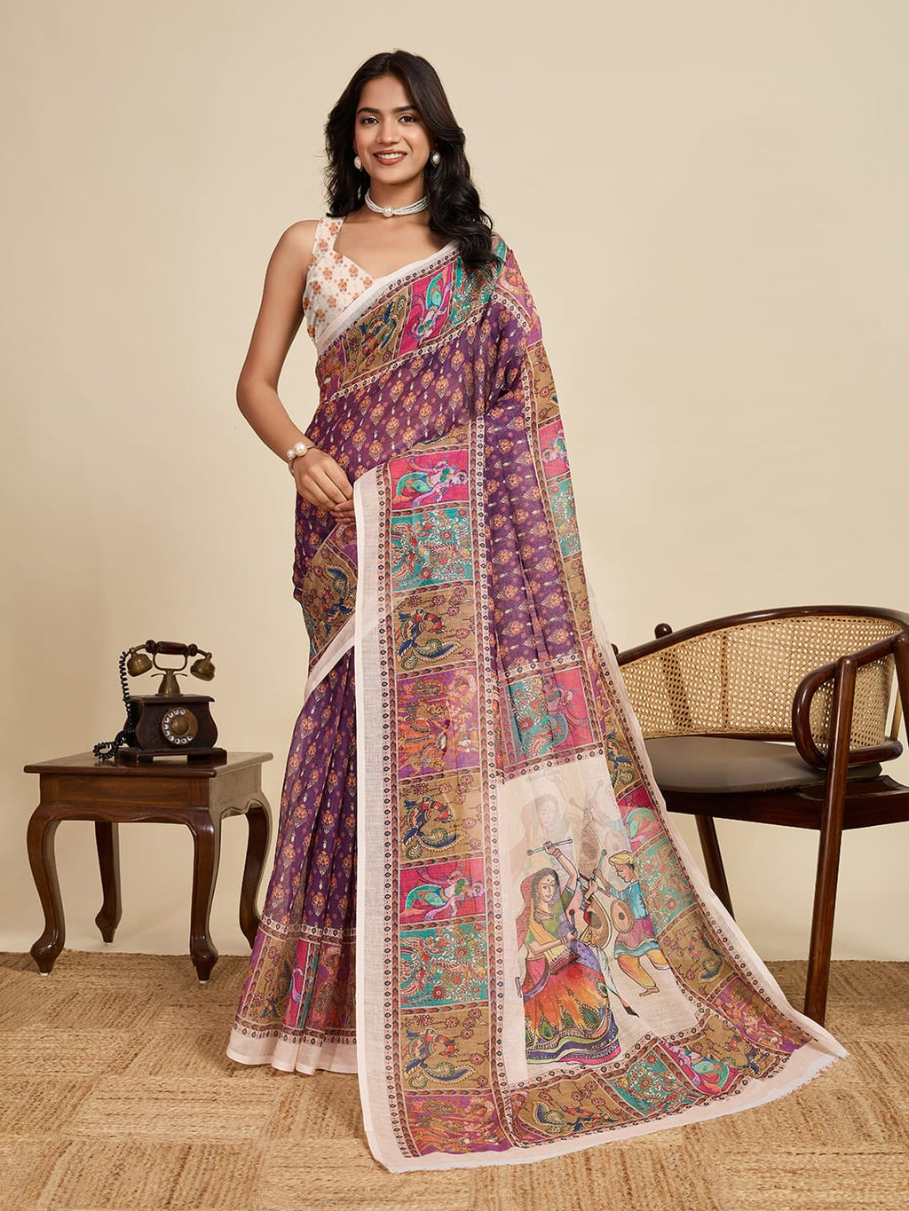 Multi linen cotton saree with digital printed work and silver zari border