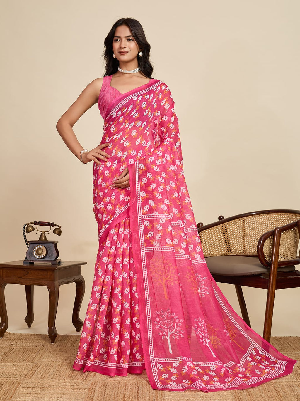 Pink linen cotton saree with digital printed work and silver zari border
