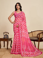 Pink linen cotton saree with digital printed work and silver zari border