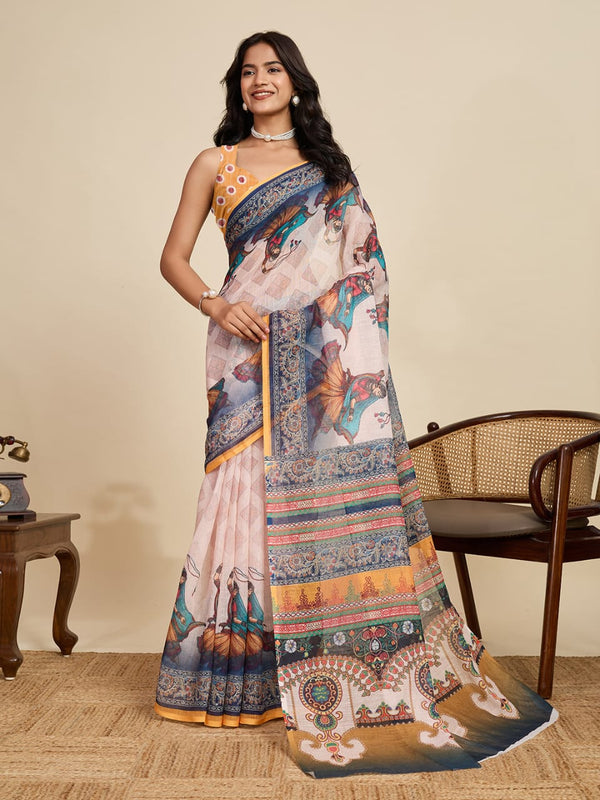 Multi linen cotton saree with digital printed work and silver zari border