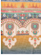 Multi linen cotton saree with digital printed work and silver zari border