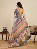 Multi linen cotton saree with digital printed work and silver zari border