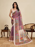 Multi linen cotton saree with digital printed work and silver zari border
