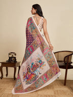 Multi linen cotton saree with digital printed work and silver zari border