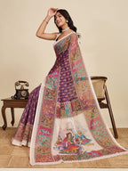 Multi linen cotton saree with digital printed work and silver zari border
