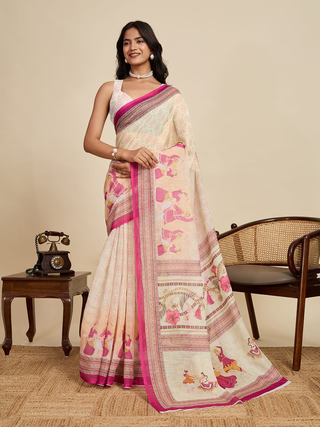 Multi linen cotton saree with digital printed work and silver zari border