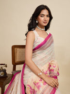 Multi linen cotton saree with digital printed work and silver zari border