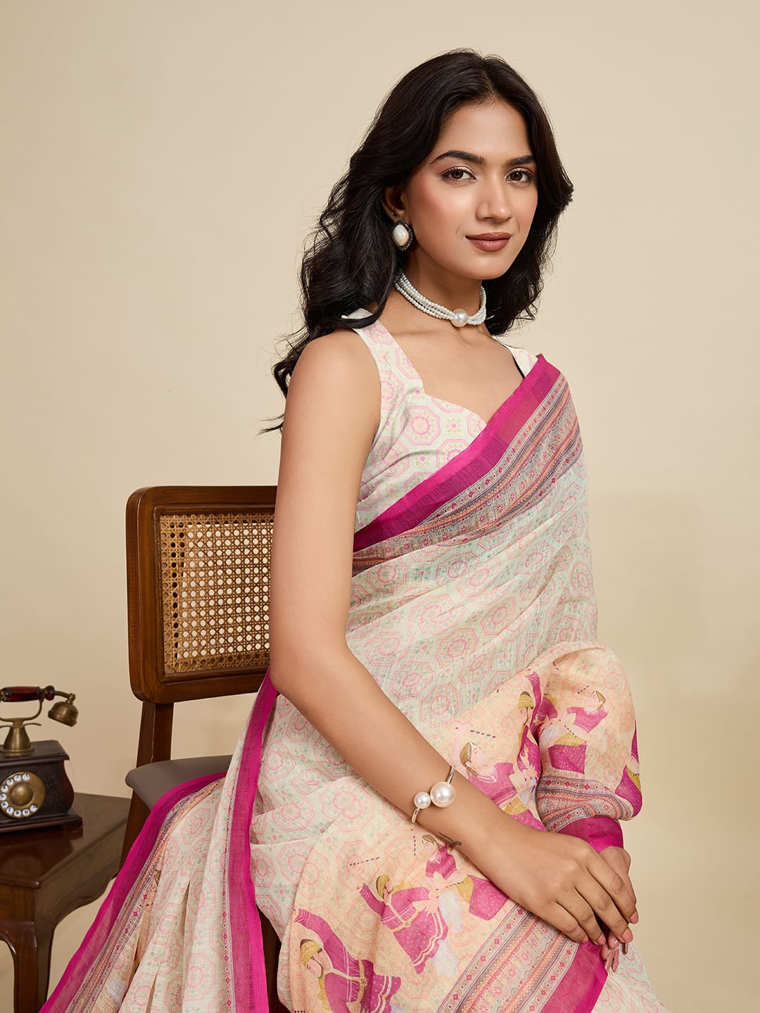 Multi linen cotton saree with digital printed work and silver zari border