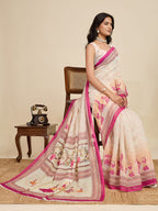 Multi linen cotton saree with digital printed work and silver zari border