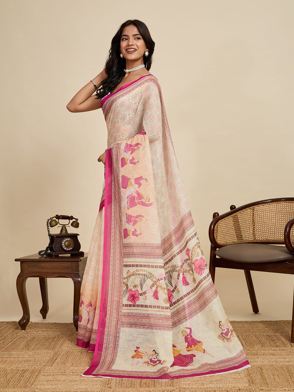 Multi linen cotton saree with digital printed work and silver zari border