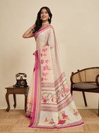 Multi linen cotton saree with digital printed work and silver zari border