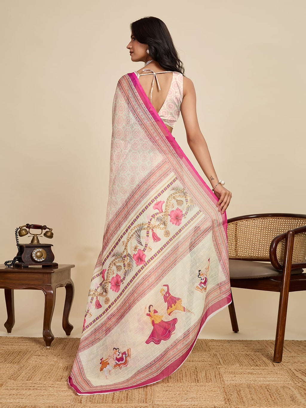 Multi linen cotton saree with digital printed work and silver zari border
