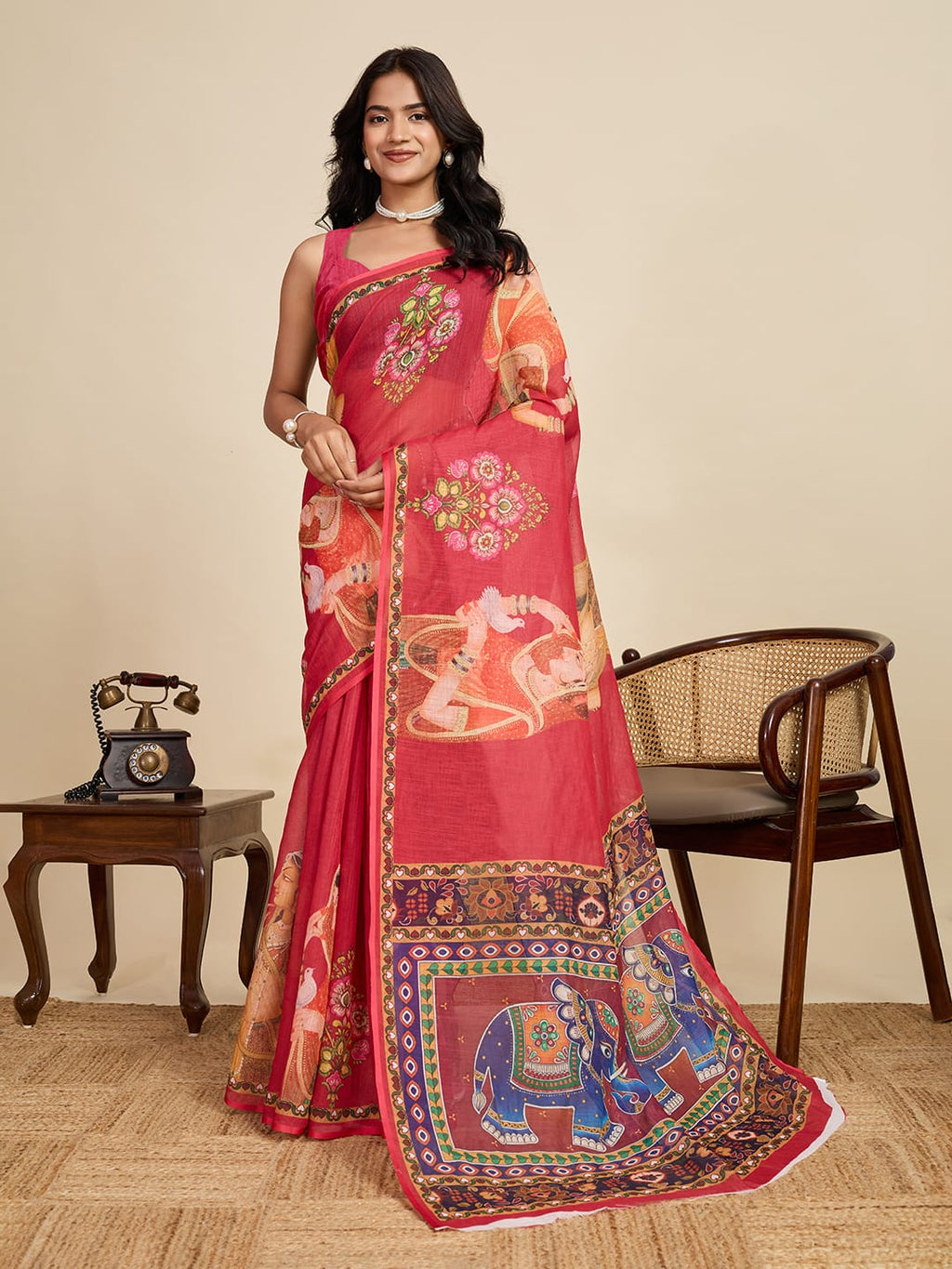 Multi linen cotton saree with digital printed work and silver zari border