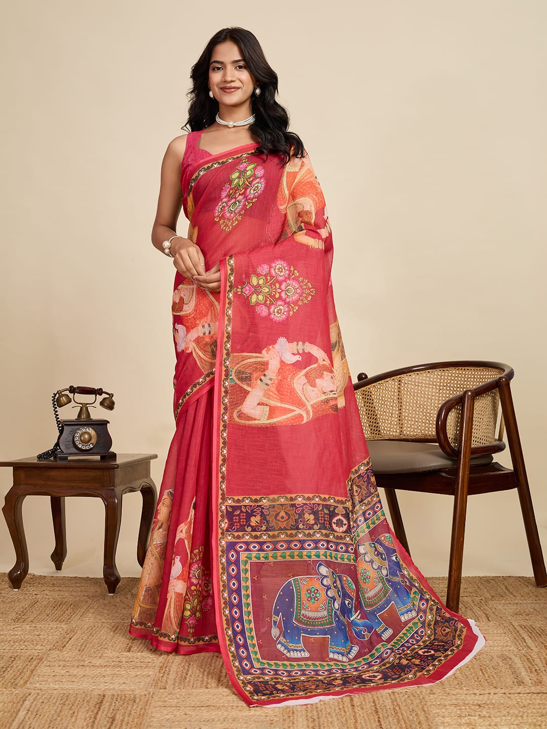 Multi linen cotton saree with digital printed work and silver zari border