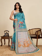 Multi linen cotton saree with digital printed work and silver zari border