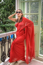 Red plain khadi cotton saree with fancy tassel work