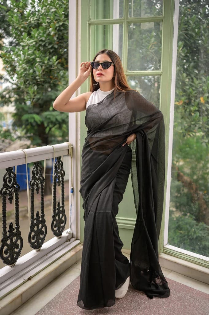 Black plain khadi cotton saree with fancy tassel work