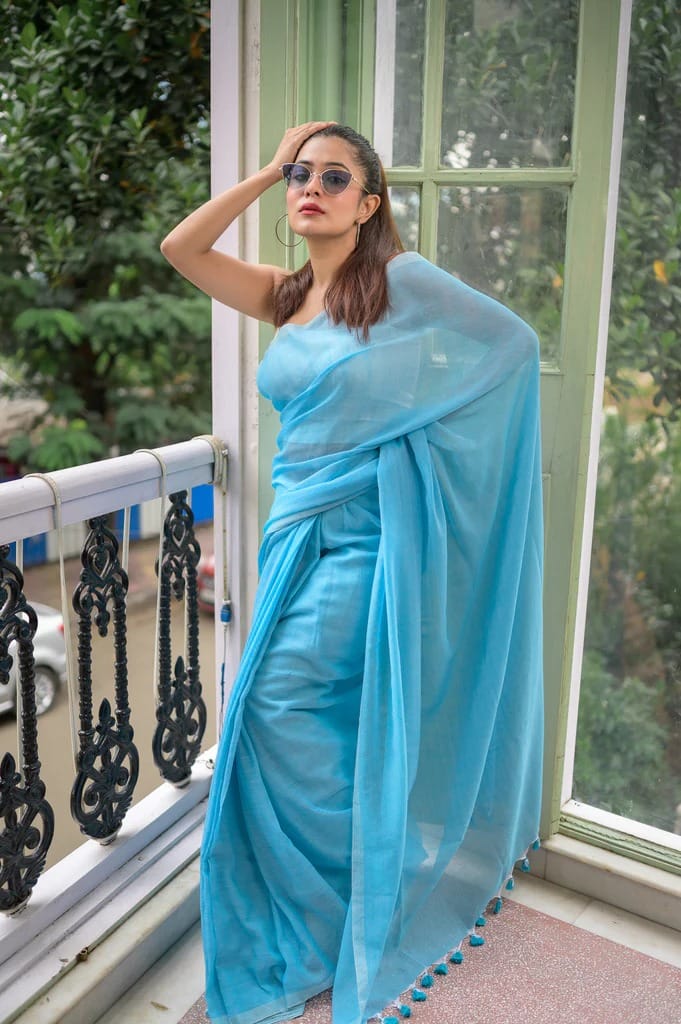 Sky blue plain khadi cotton saree with fancy tassel work