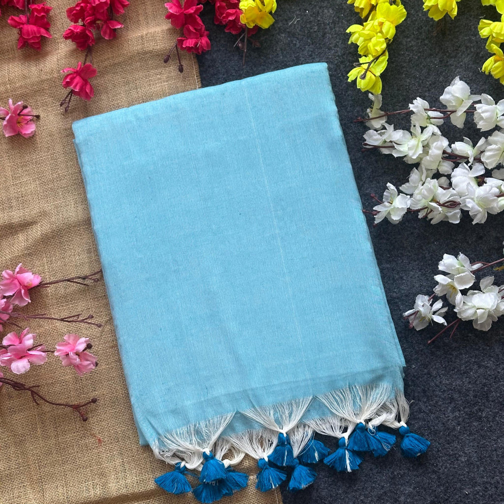 Sky blue plain khadi cotton saree with fancy tassel work