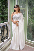 White plain khadi cotton saree with fancy tassel work