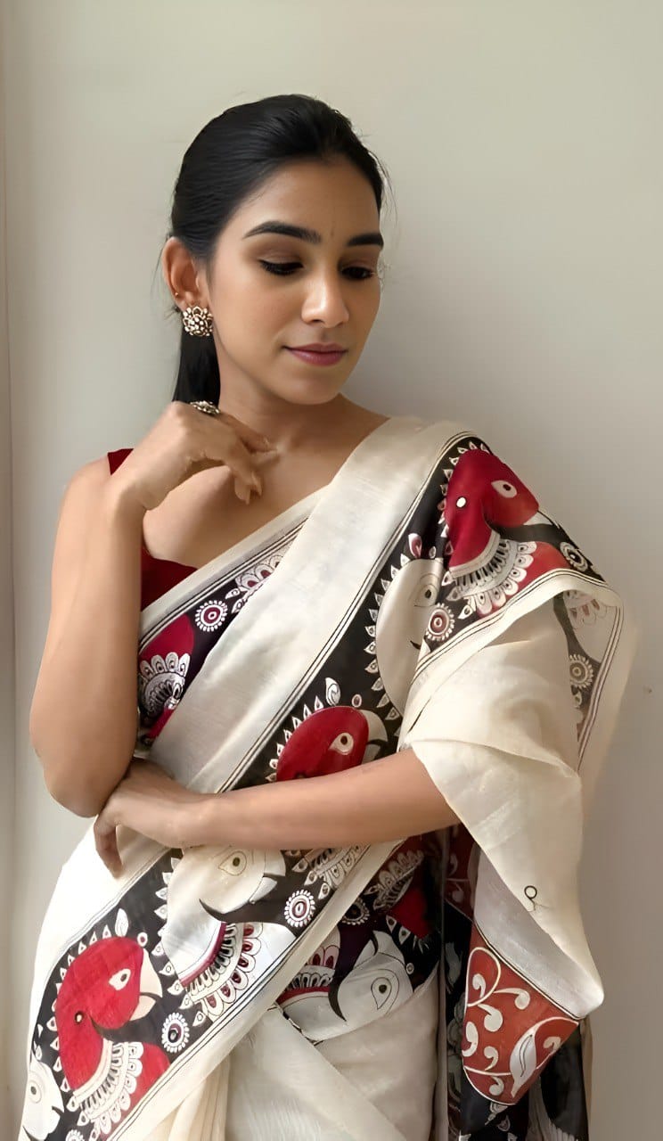 Off white colour chanderi cotton saree with digital printed work