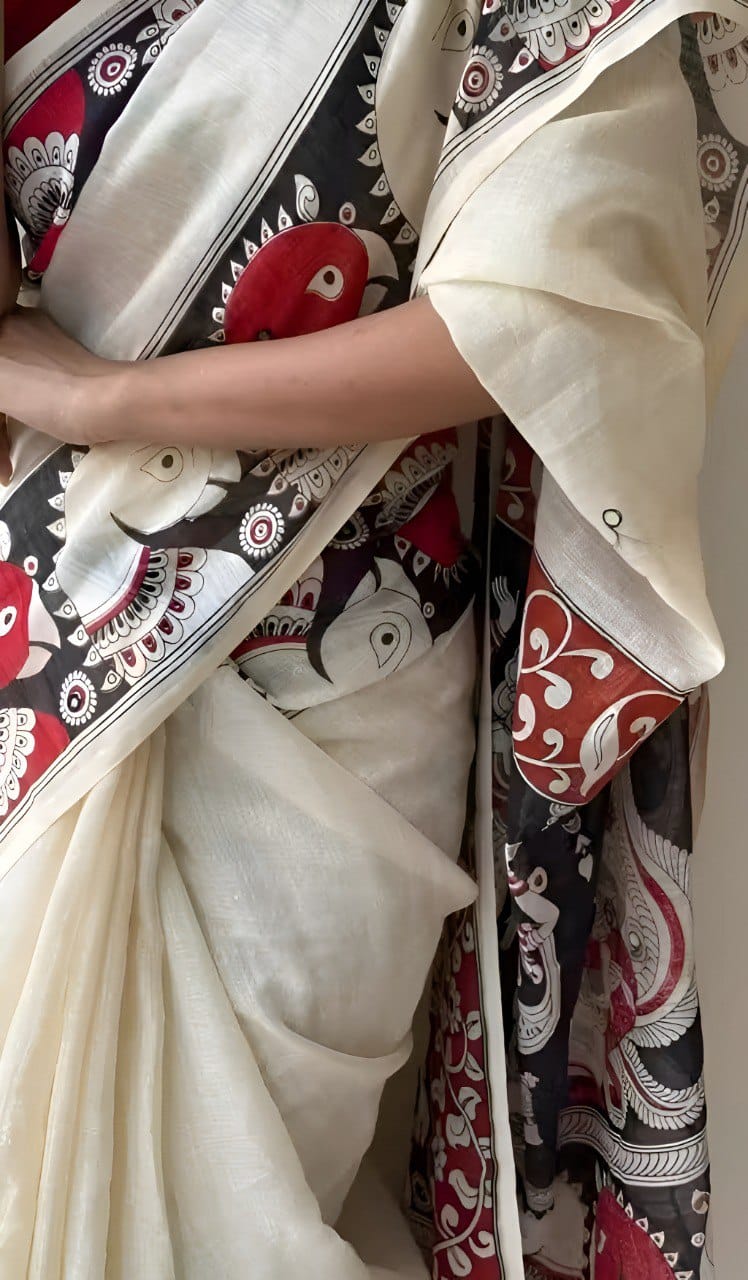 Off white colour chanderi cotton saree with digital printed work