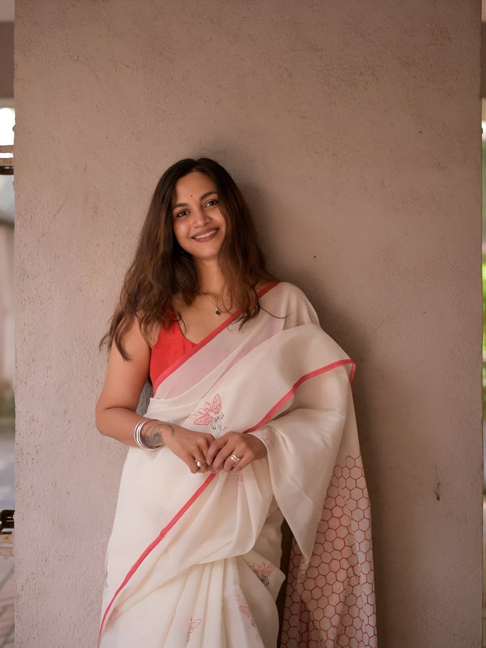 White linen cotton saree with digital printed work and silver zari border
