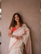 White linen cotton saree with digital printed work and silver zari border