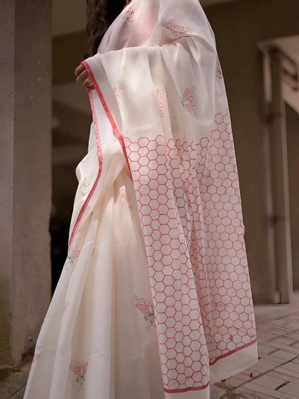 White linen cotton saree with digital printed work and silver zari border