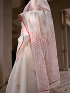 White linen cotton saree with digital printed work and silver zari border