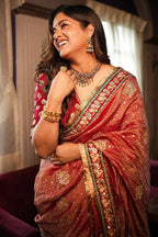 Red crush banarasi silk saree with embroidery work lace border