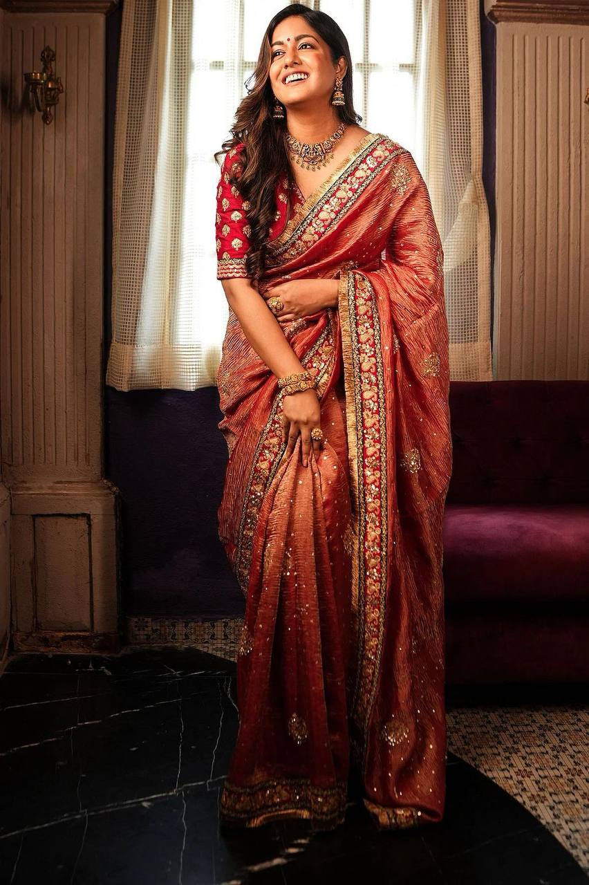 Red crush banarasi silk saree with embroidery work lace border