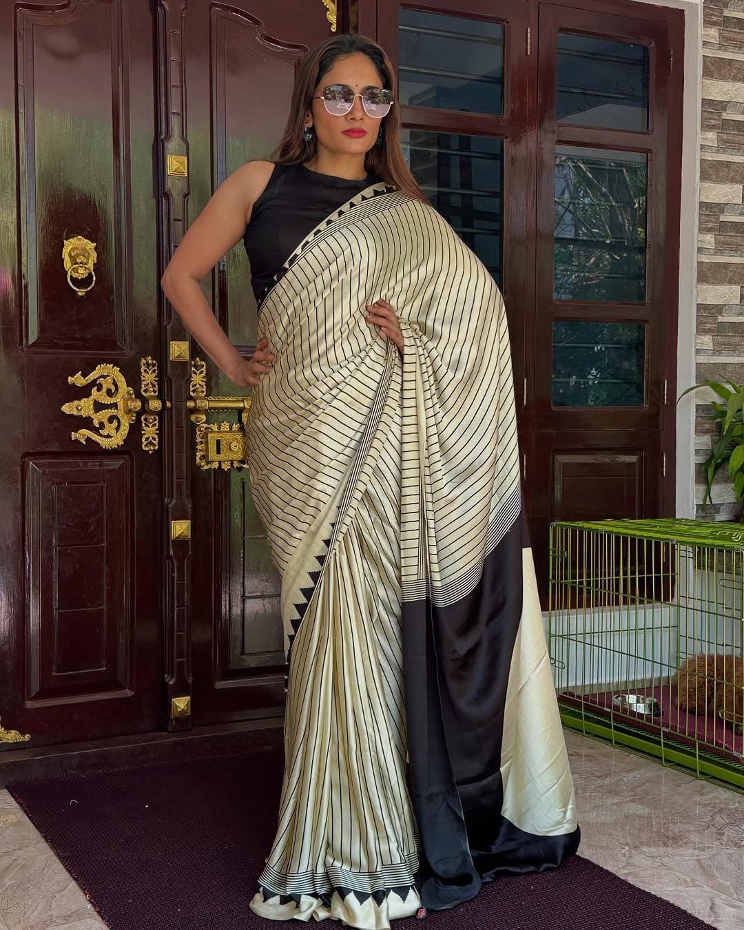 White colour fancy crepe silk saree with digital printed work