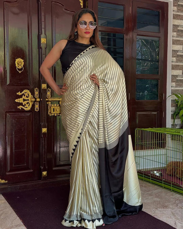 White colour fancy crepe silk saree with digital printed work