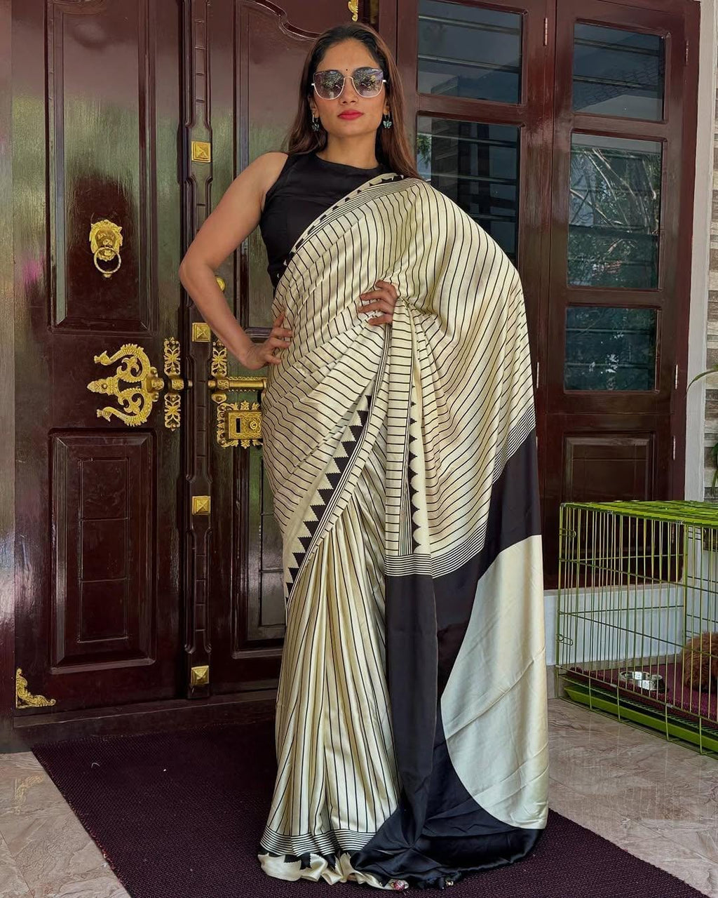 White colour fancy crepe silk saree with digital printed work