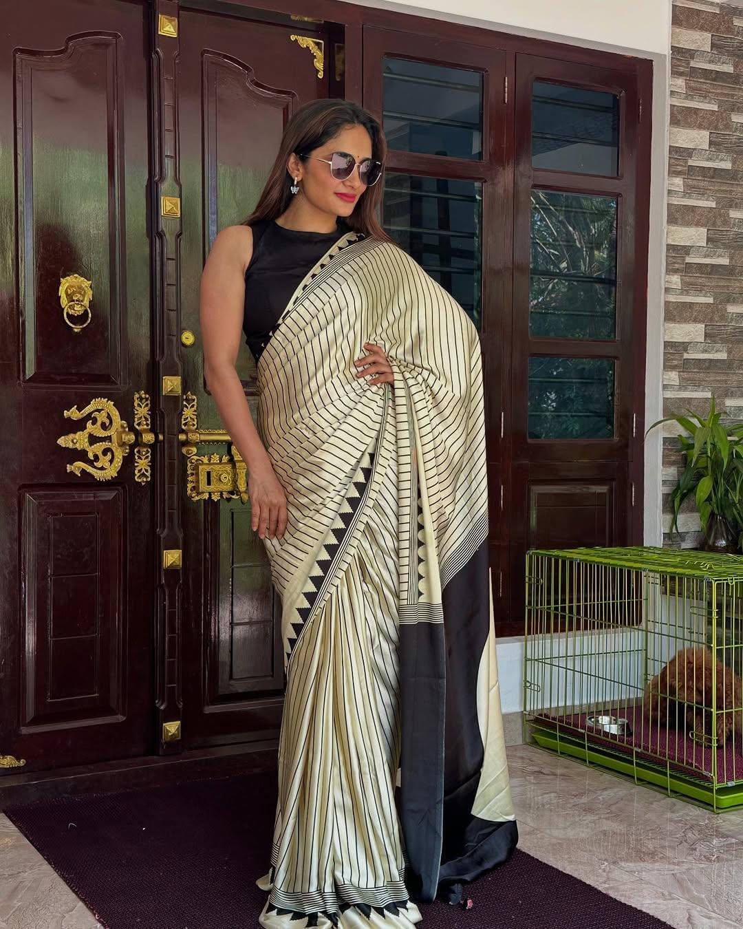 White colour fancy crepe silk saree with digital printed work
